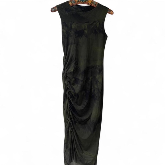 AllSaints Nora Colca Sleeveless Ruched Mesh Midi Dress in olive green - Picture 3 of 8